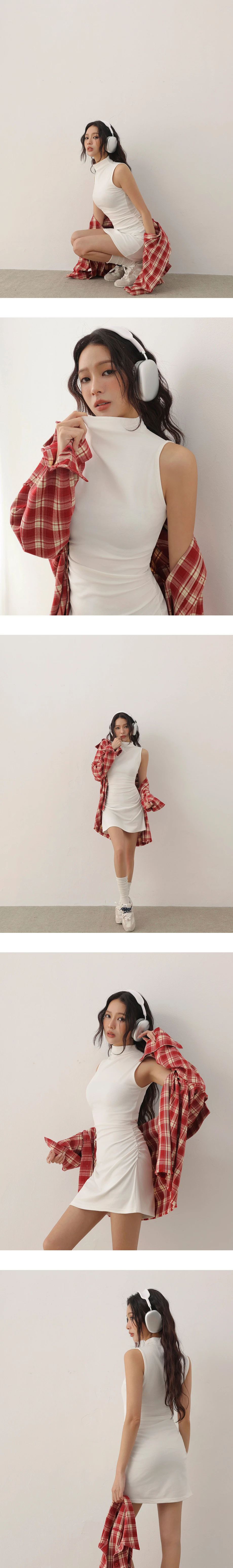 Side Ruched High Neck Sleeveless Bodycon Mini Dress