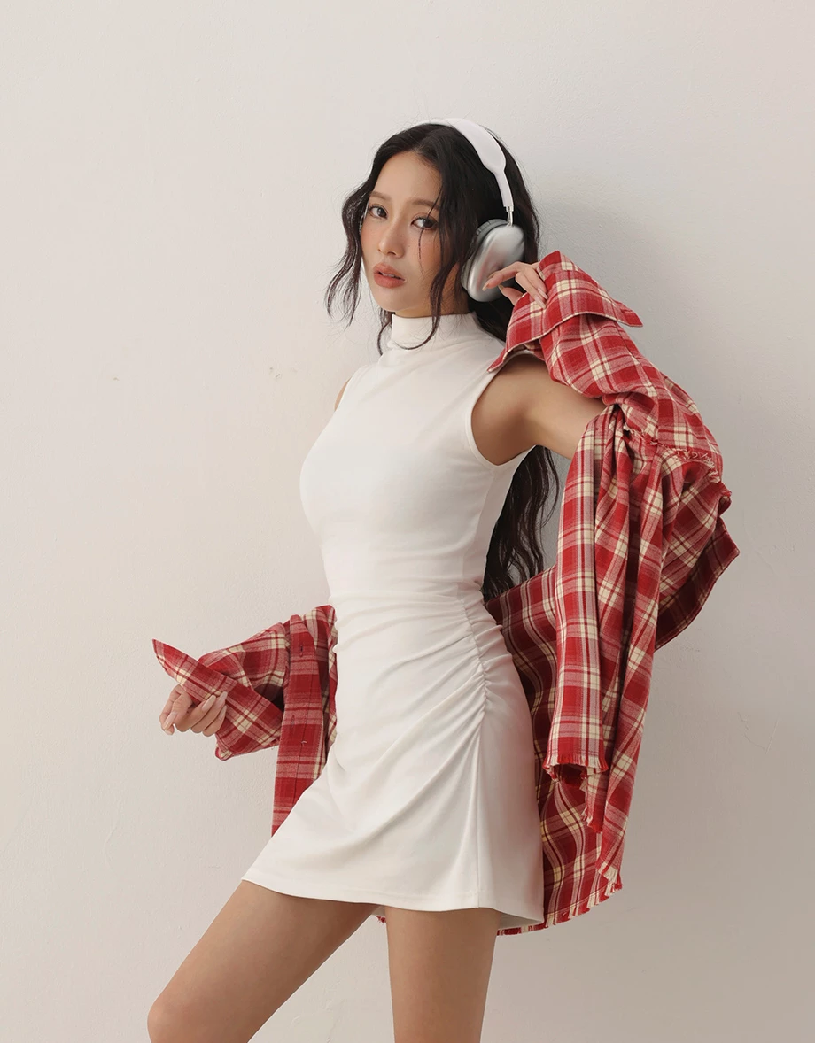 Side Ruched High Neck Sleeveless Bodycon Mini Dress