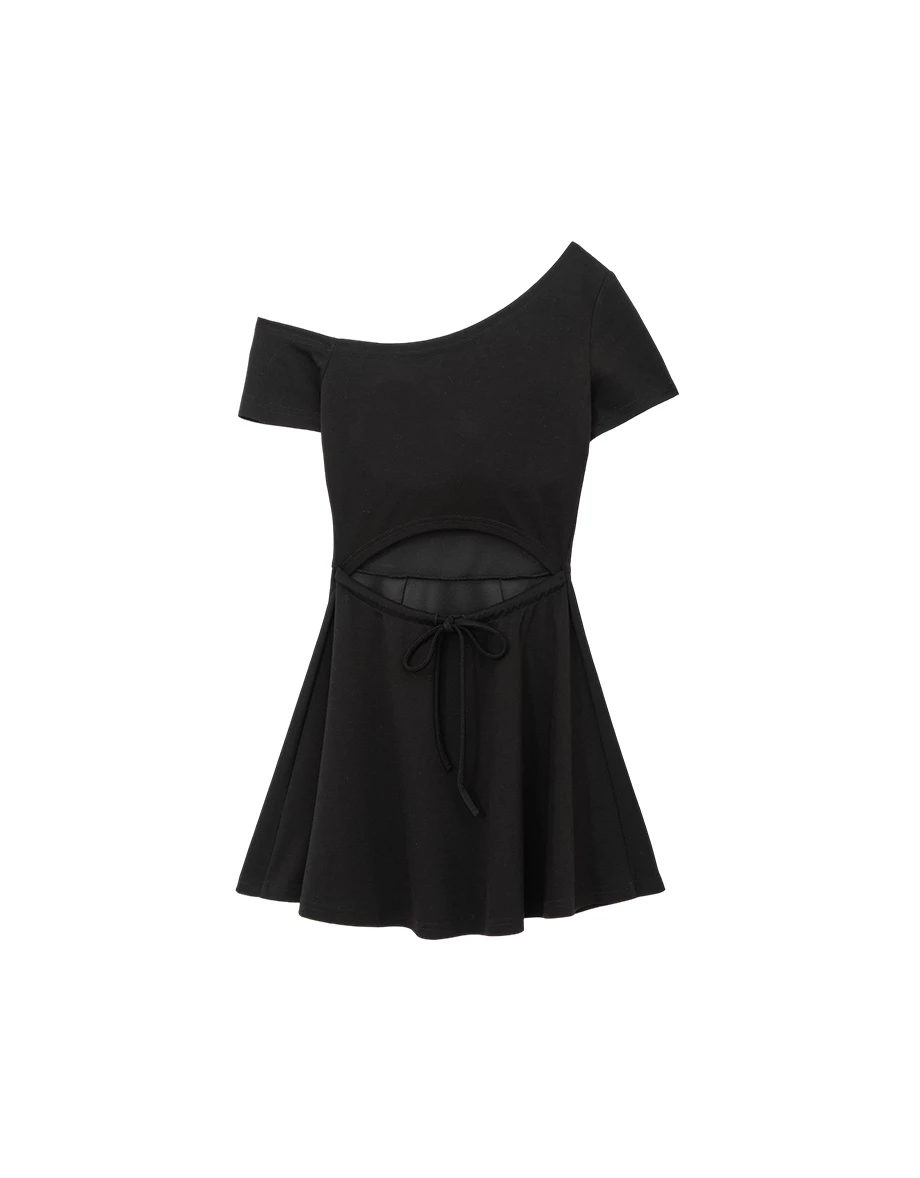 【AIR空氣棉零重力】不對稱領打褶收腰BRA短洋裝