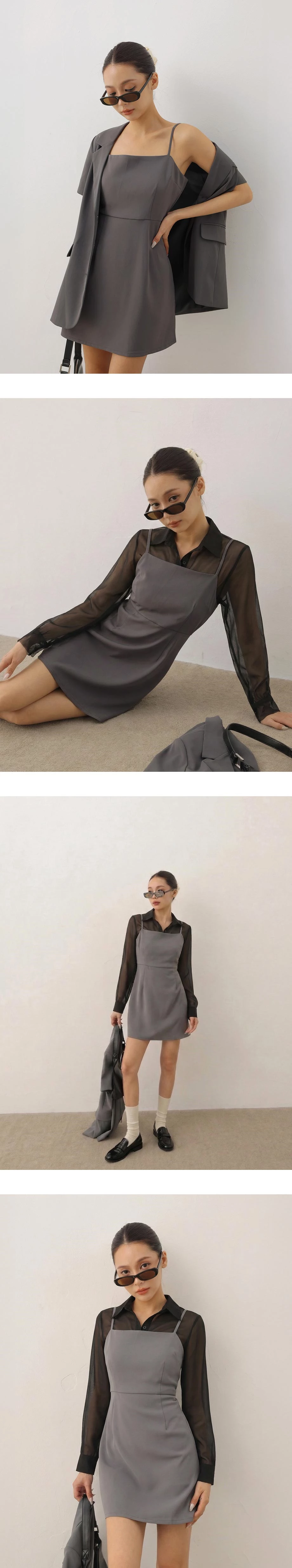 平口細肩帶壓褶西裝短洋裝