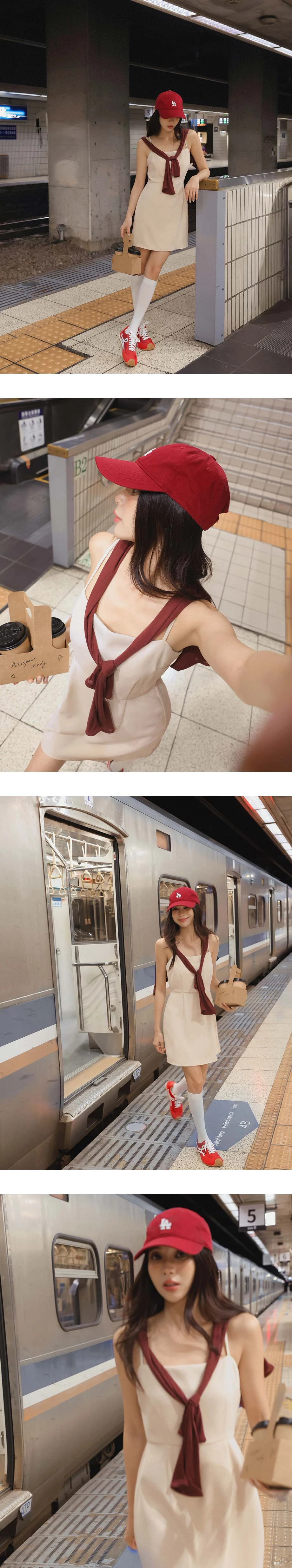 平口細肩帶壓褶西裝短洋裝