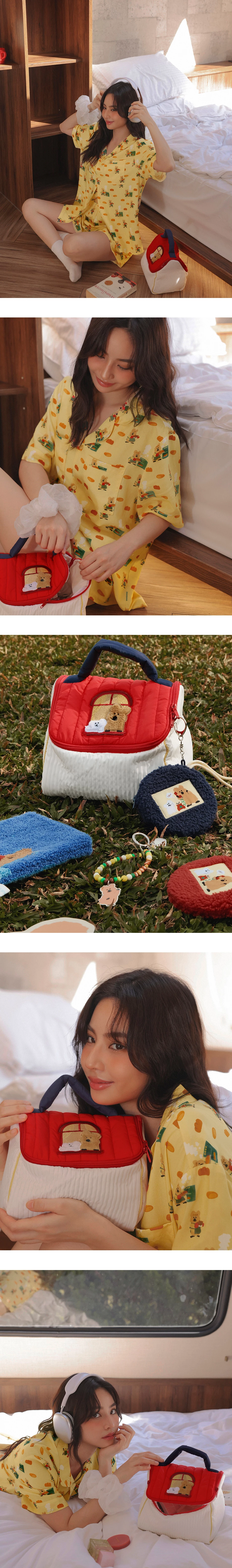 【DINOTAENG】刺繡圖案條紋鋪棉手提包