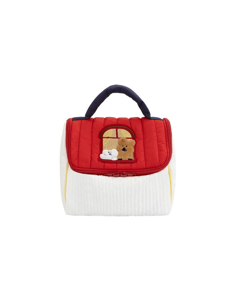 【DINOTAENG】刺繡圖案條紋鋪棉手提包