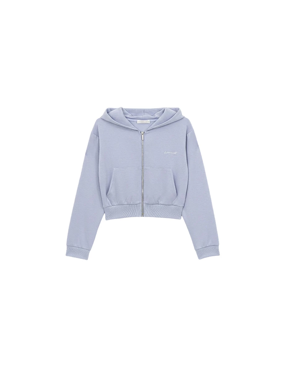 【AIRY HOURGLASS】Letter Embroidered Cropped Zip Up Hooded Jacket (Polka Dot / Plain)