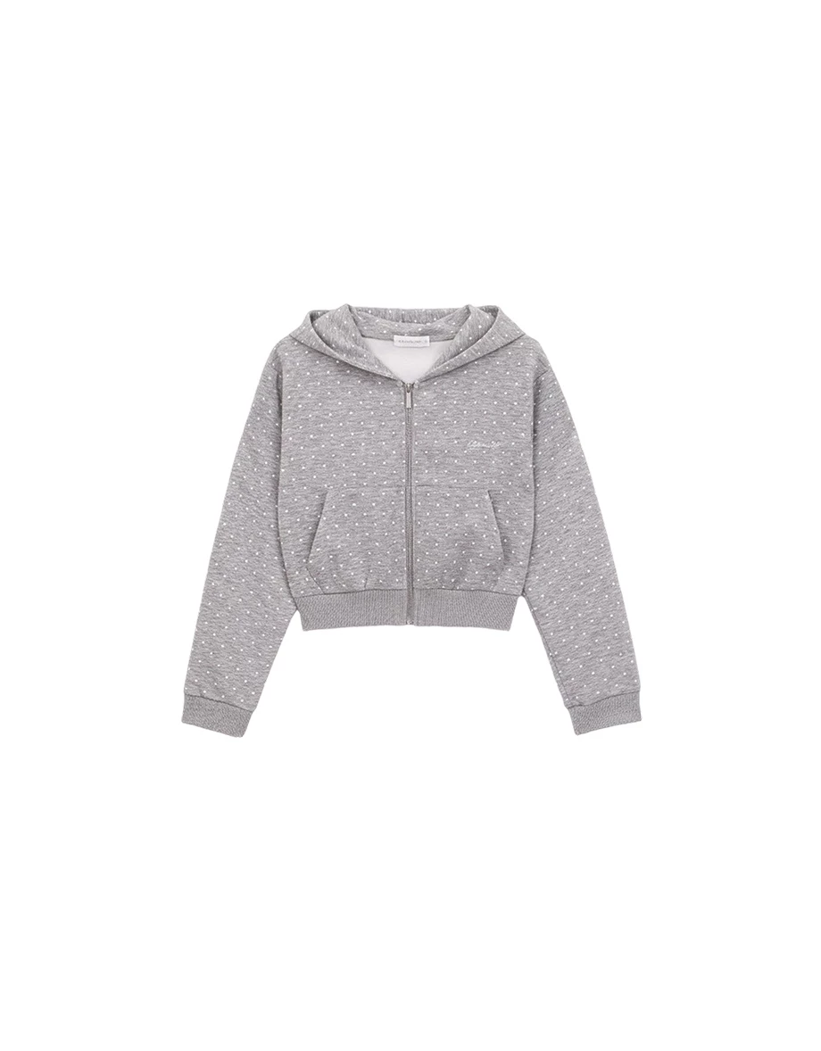 【AIRY HOURGLASS】Letter Embroidered Cropped Zip Up Hooded Jacket (Polka Dot / Plain)