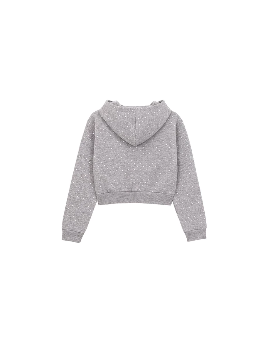 【AIRY HOURGLASS】Letter Embroidered Cropped Zip Up Hooded Jacket (Polka Dot / Plain)