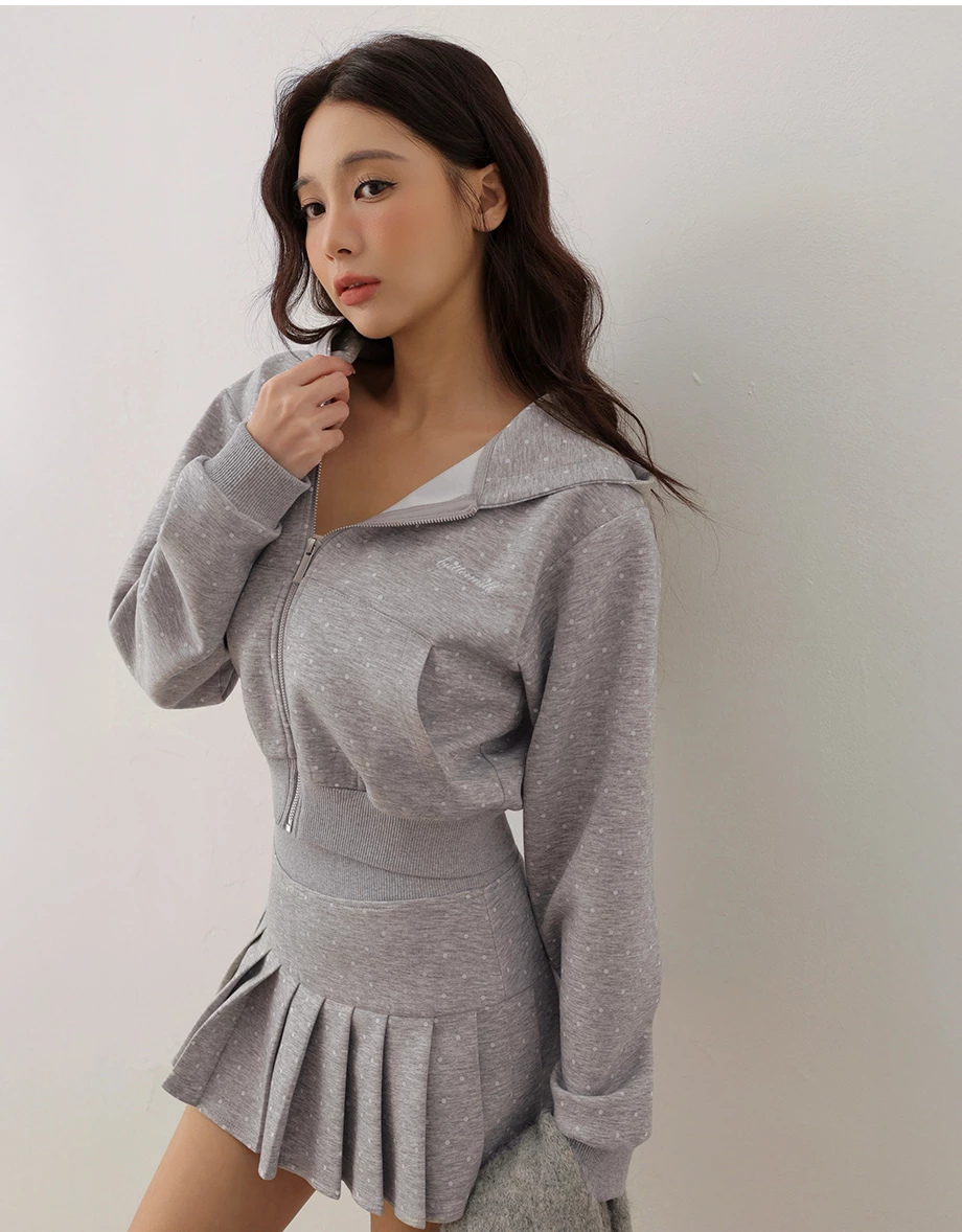 【AIRY HOURGLASS】Letter Embroidered Cropped Zip Up Hooded Jacket (Polka Dot / Plain)