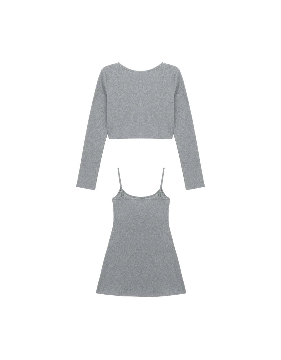 Basic Ribbed Spaghetti Strap Padded Mini Dress and Long Sleeve Hook Cardigan Set Wear