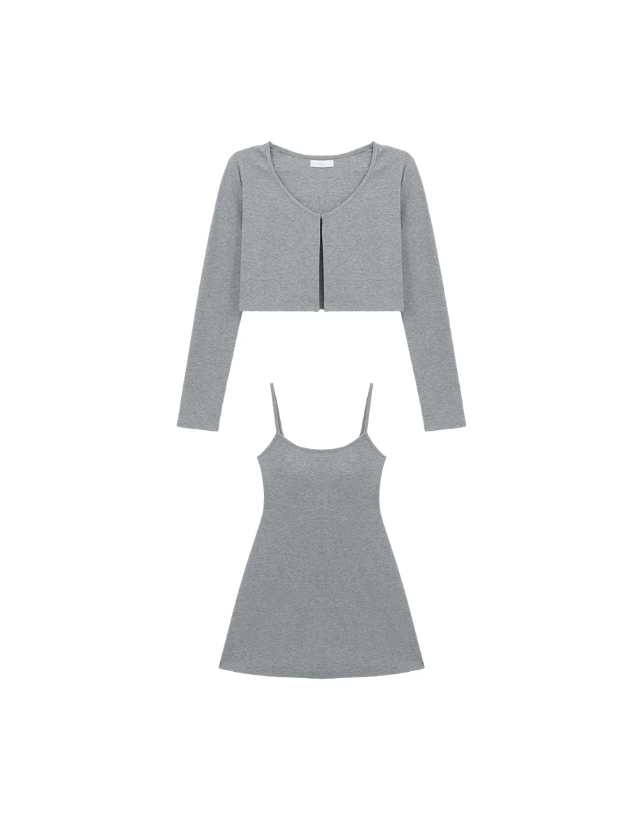 Basic Ribbed Spaghetti Strap Padded Mini Dress and Long Sleeve Hook Cardigan Set Wear