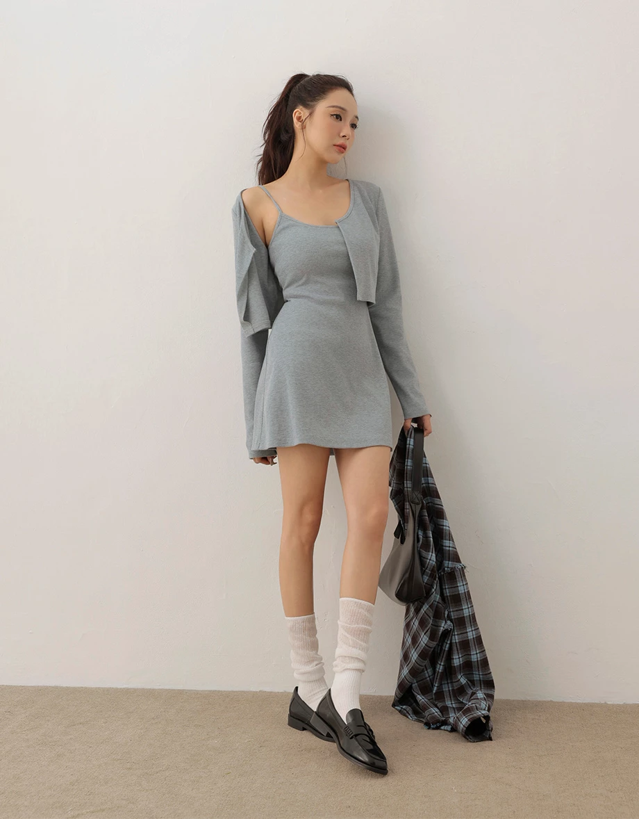 Basic Ribbed Spaghetti Strap Padded Mini Dress and Long Sleeve Hook Cardigan Set Wear