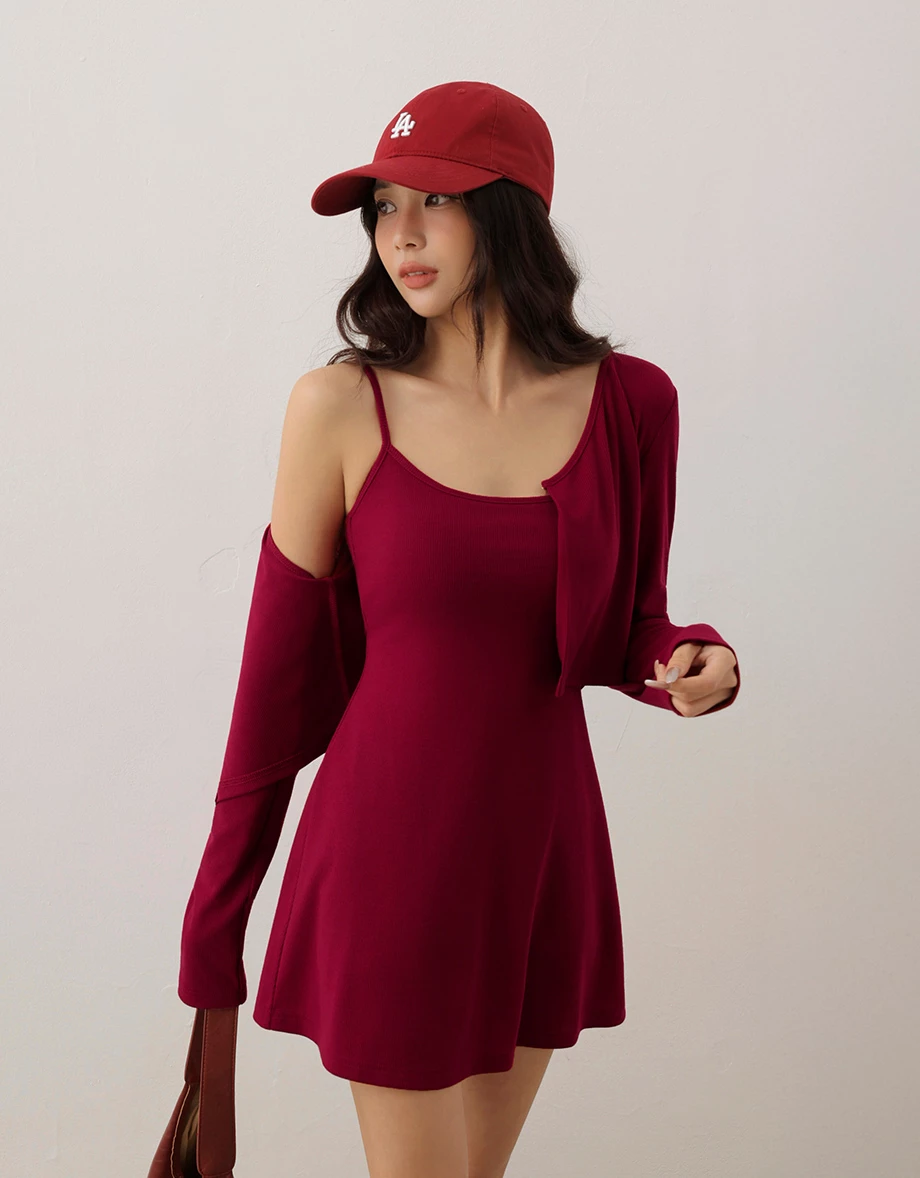 Basic Ribbed Spaghetti Strap Padded Mini Dress and Long Sleeve Hook Cardigan Set Wear