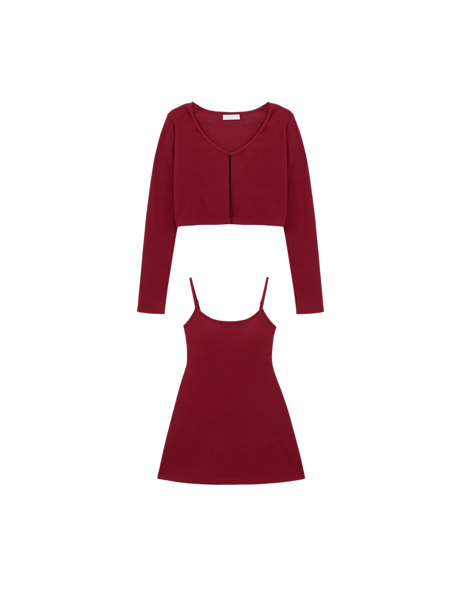 Basic Ribbed Spaghetti Strap Padded Mini Dress and Long Sleeve Hook Cardigan Set Wear