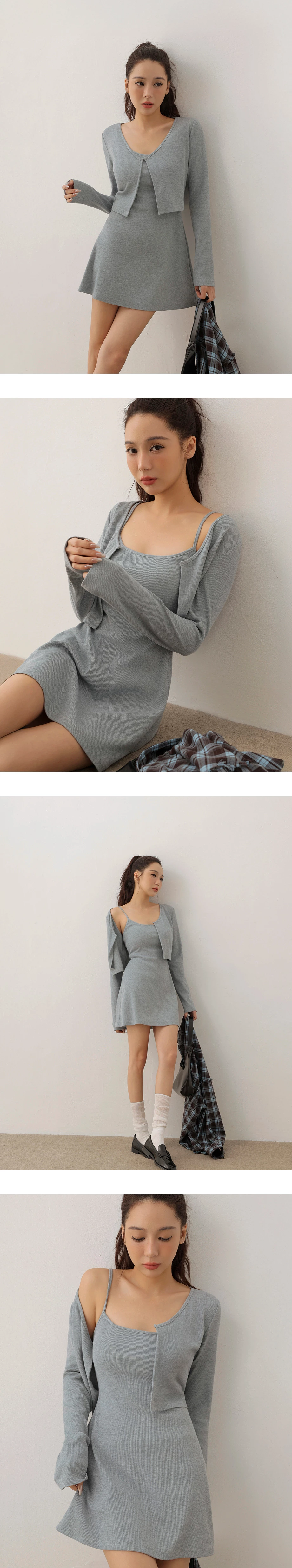 Basic Ribbed Spaghetti Strap Padded Mini Dress and Long Sleeve Hook Cardigan Set Wear