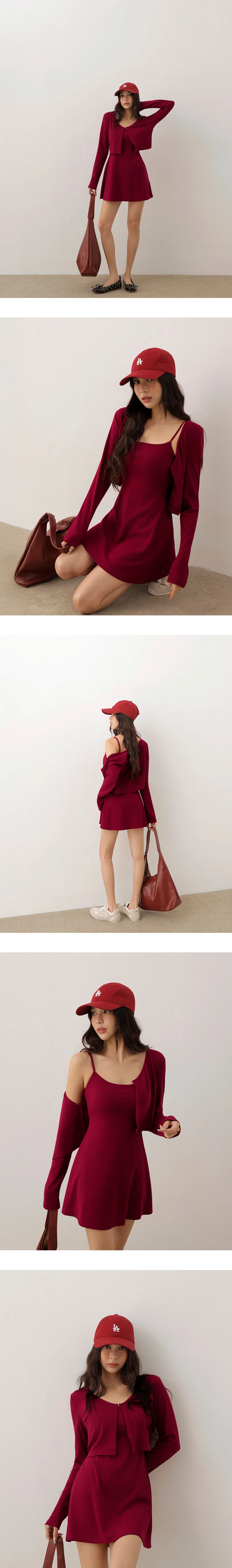 Basic Ribbed Spaghetti Strap Padded Mini Dress and Long Sleeve Hook Cardigan Set Wear