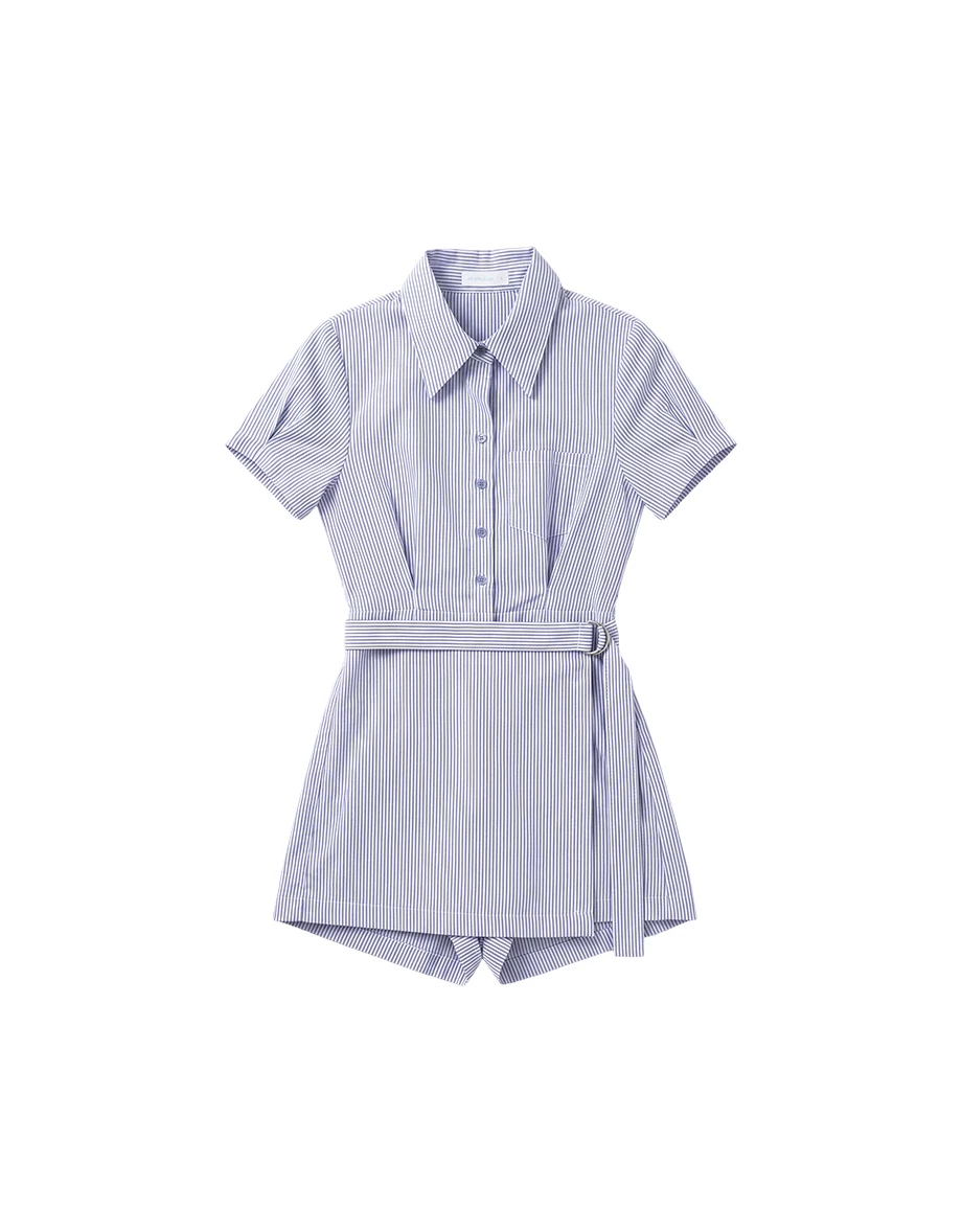 後交叉腰部鏤空短袖排扣襯衫式條紋連身短褲