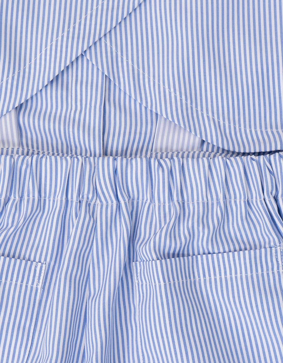 後交叉腰部鏤空短袖排扣襯衫式條紋連身短褲