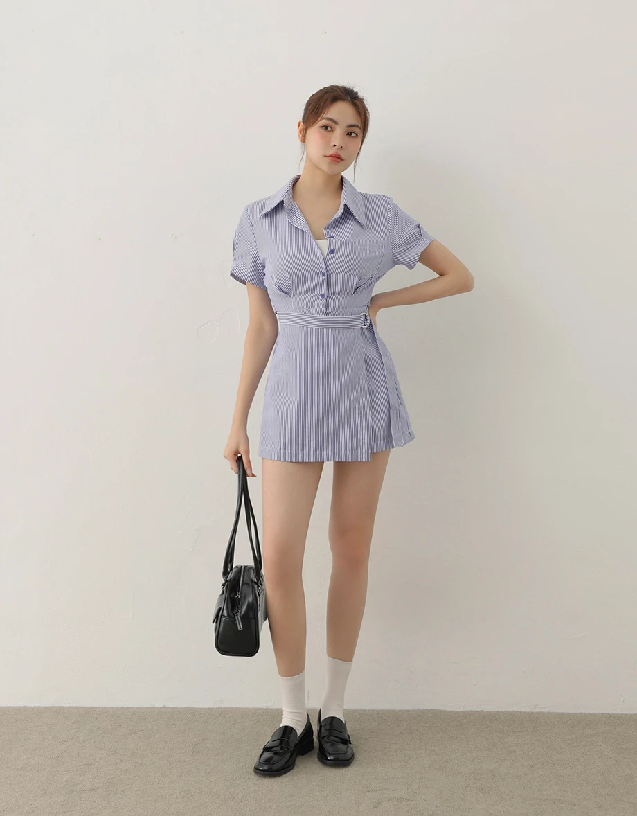 後交叉腰部鏤空短袖排扣襯衫式條紋連身短褲