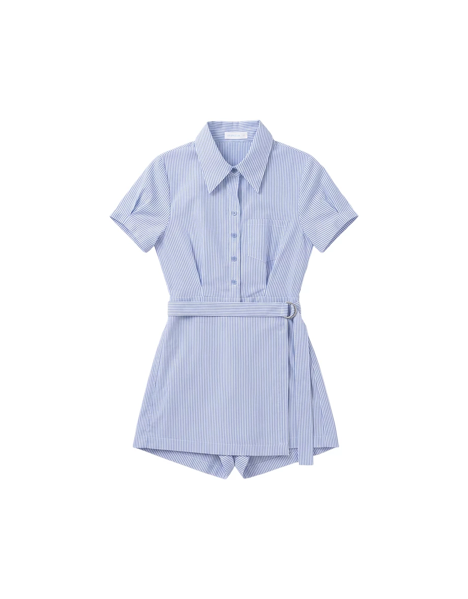 後交叉腰部鏤空短袖排扣襯衫式條紋連身短褲