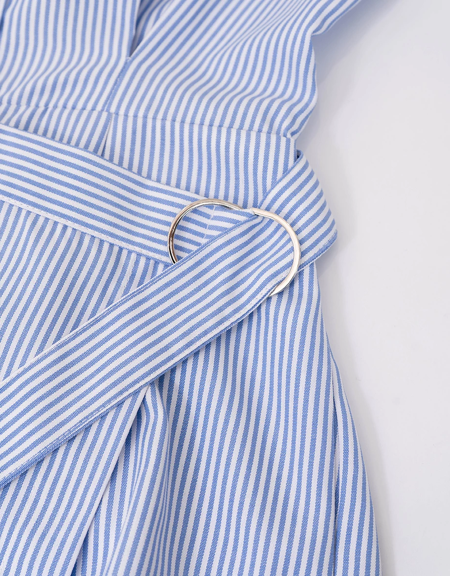 後交叉腰部鏤空短袖排扣襯衫式條紋連身短褲