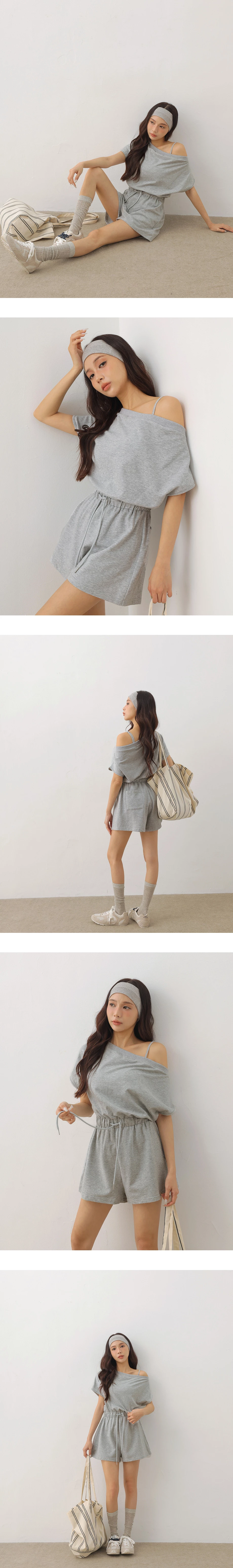 不對稱領連袖腰抽繩連身短褲