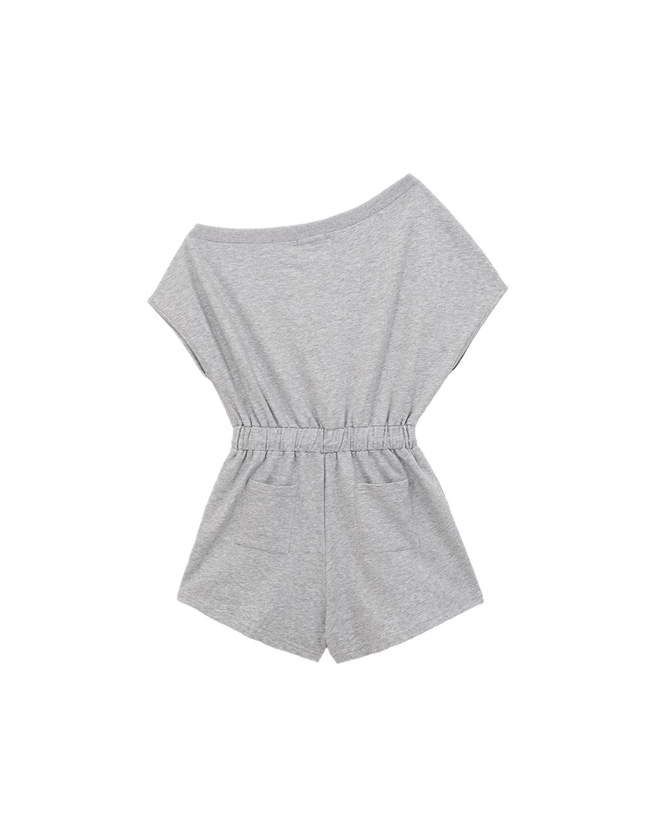 不對稱領連袖腰抽繩連身短褲