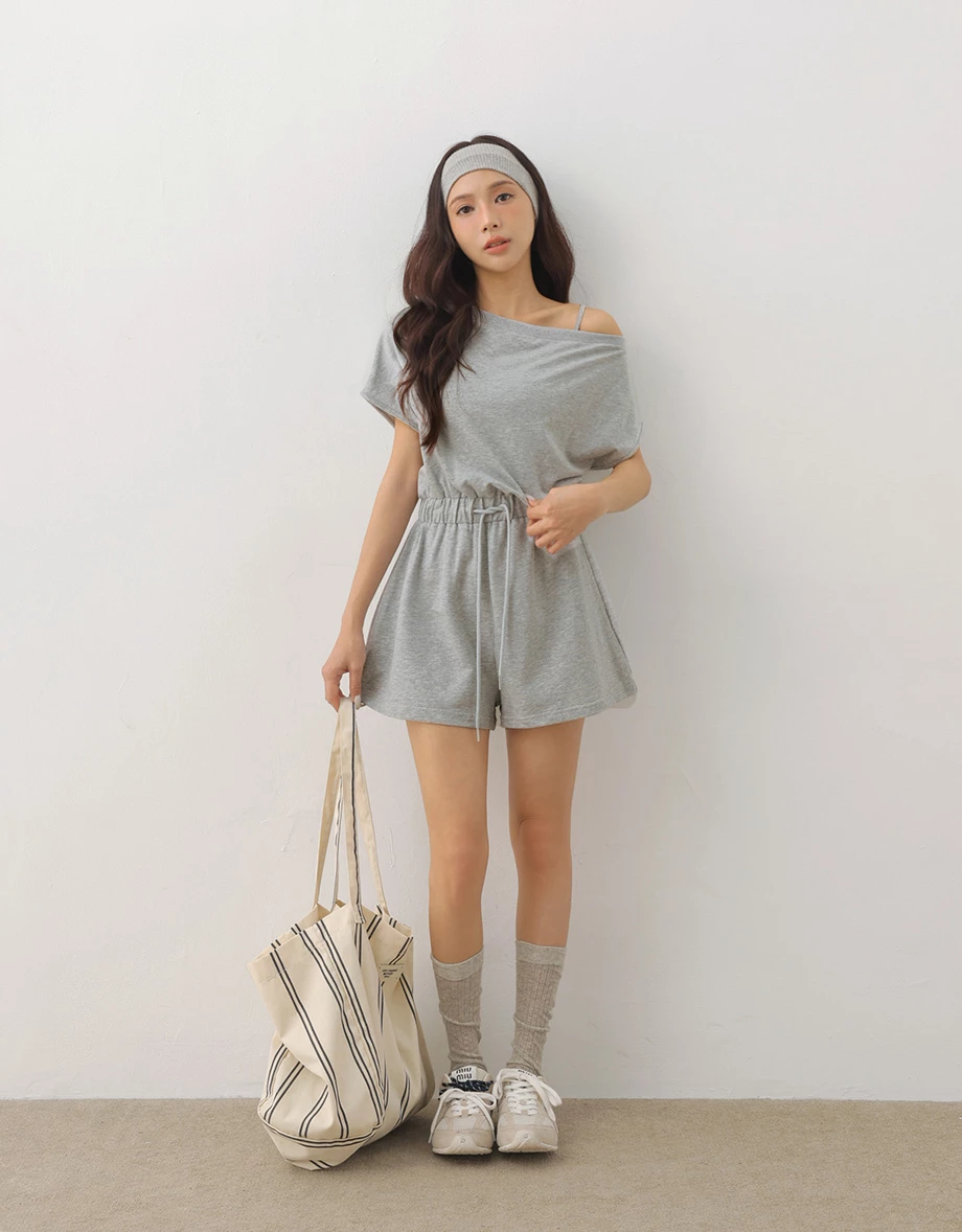 不對稱領連袖腰抽繩連身短褲