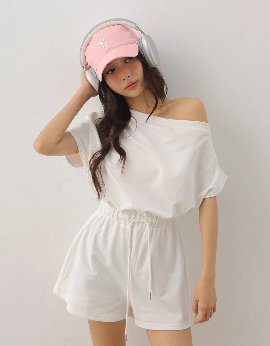不對稱領連袖腰抽繩連身短褲