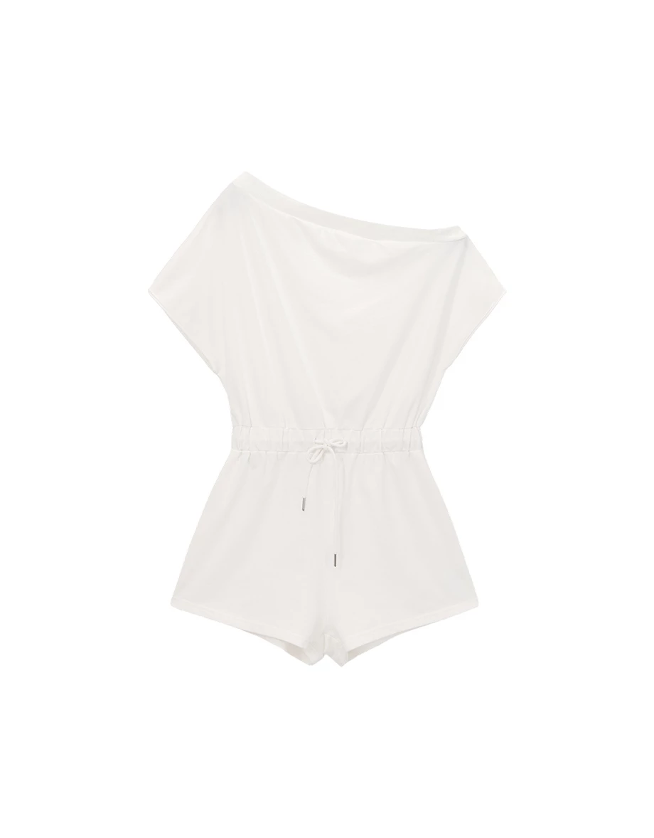 不對稱領連袖腰抽繩連身短褲