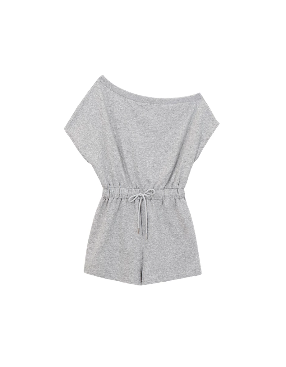 不對稱領連袖腰抽繩連身短褲