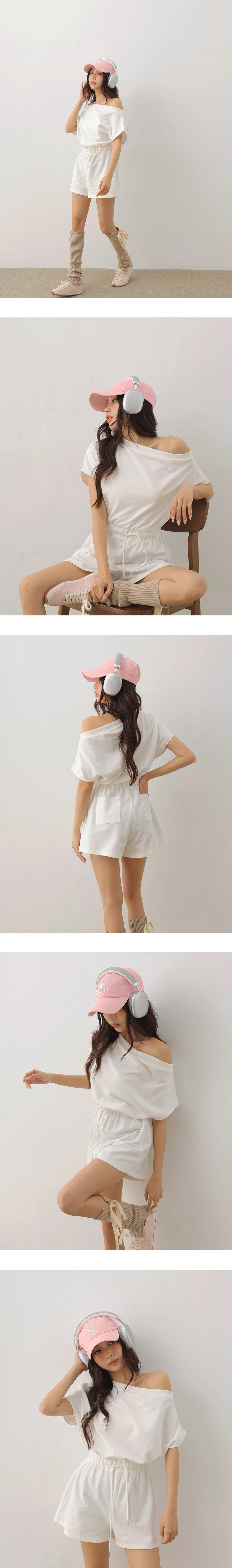 不對稱領連袖腰抽繩連身短褲
