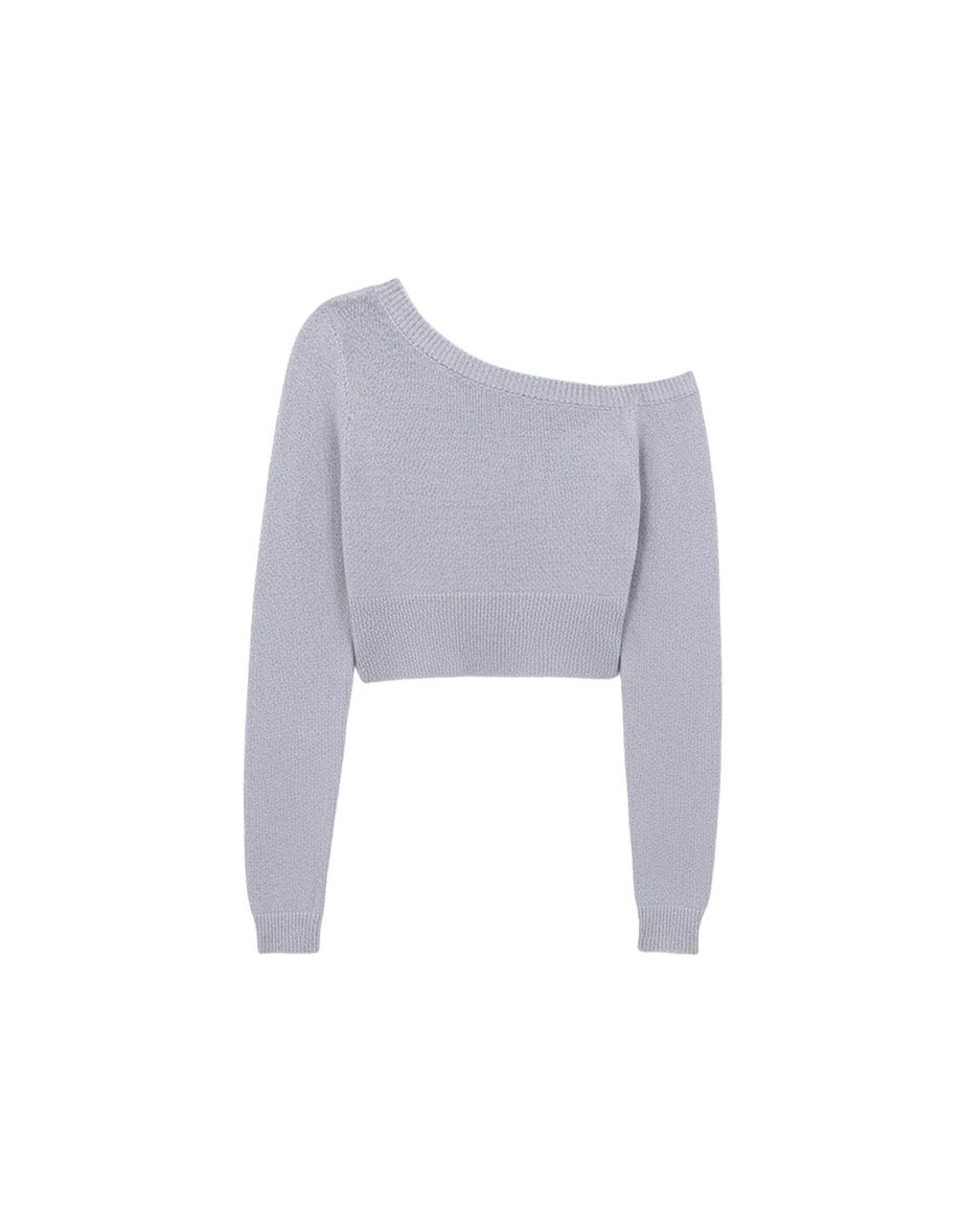 Asymmetric Neckline Long Sleeve Knit Crop Top