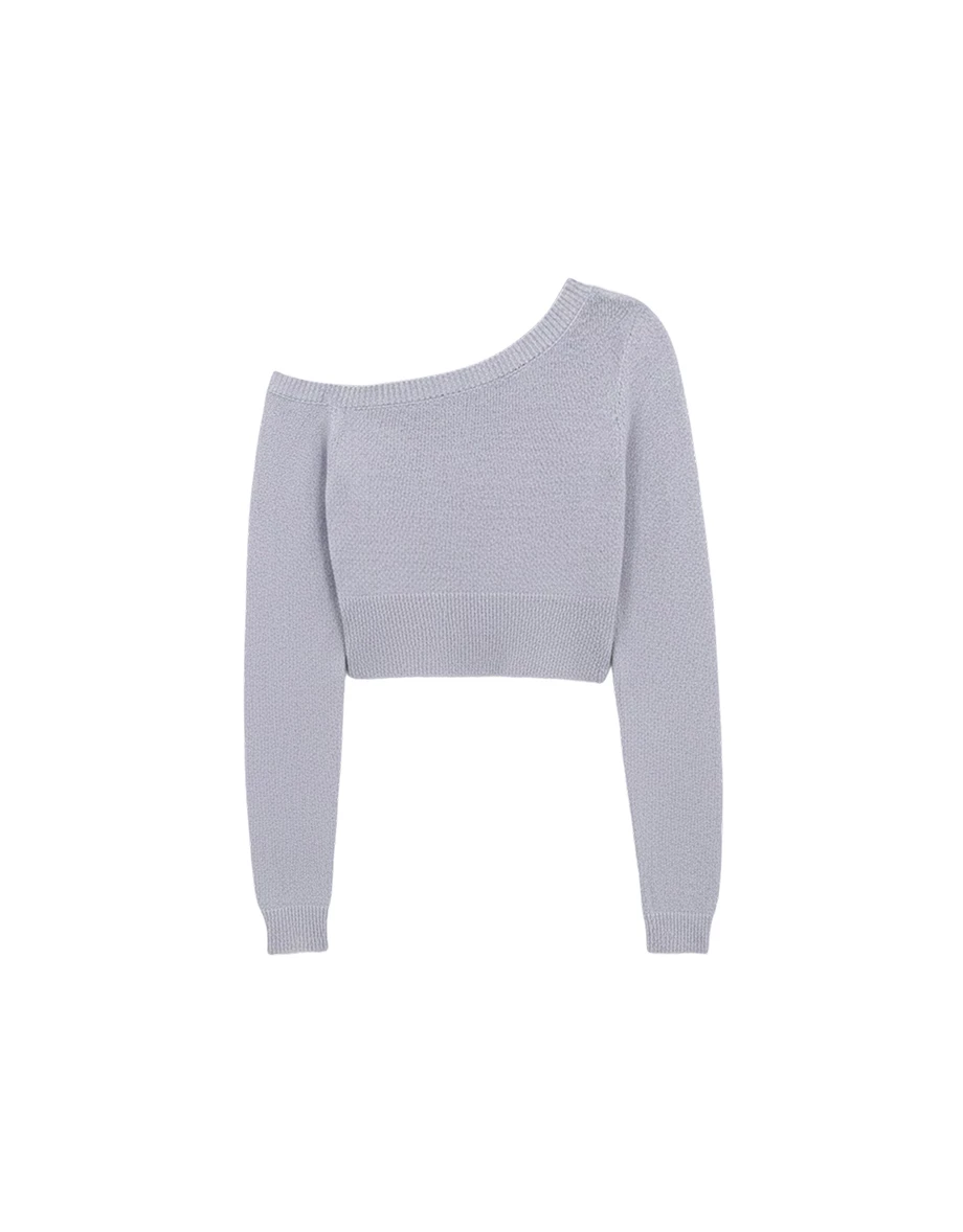 Asymmetric Neckline Long Sleeve Knit Crop Top