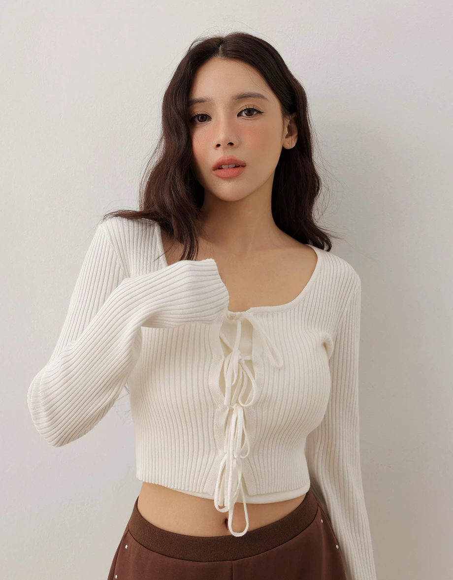 2 Way Sexy Scoop Neck Front Lace Up Ribbed Knit Top 2 Way Sexy Scoop Neck Front Lace Up Ribbed Knit Top