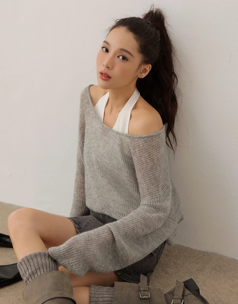 Faux 2 Piece Semi Sheer Halter Layered Knit Sweater Top Faux 2 Piece Semi Sheer Halter Layered Knit Sweater Top