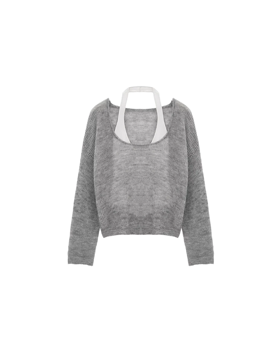 Faux 2 Piece Semi Sheer Halter Layered Knit Sweater Top