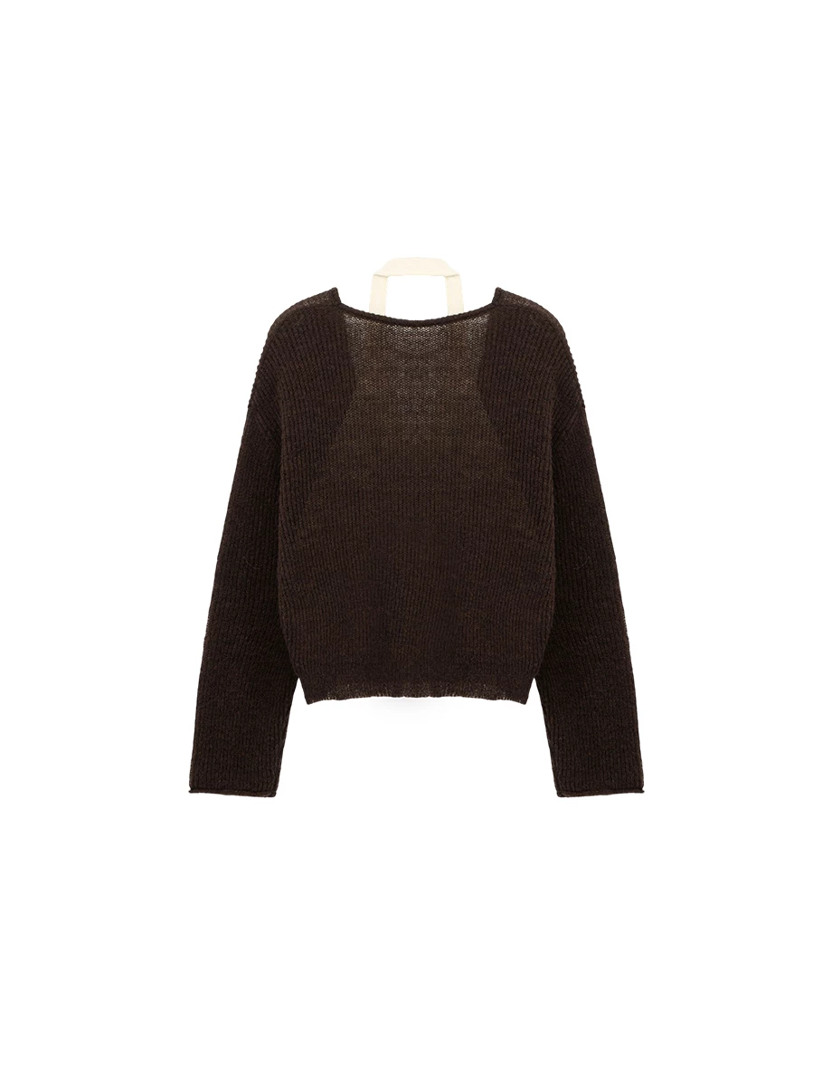 Faux 2 Piece Semi Sheer Halter Layered Knit Sweater Top