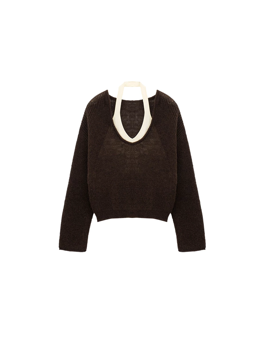 Faux 2 Piece Semi Sheer Halter Layered Knit Sweater Top