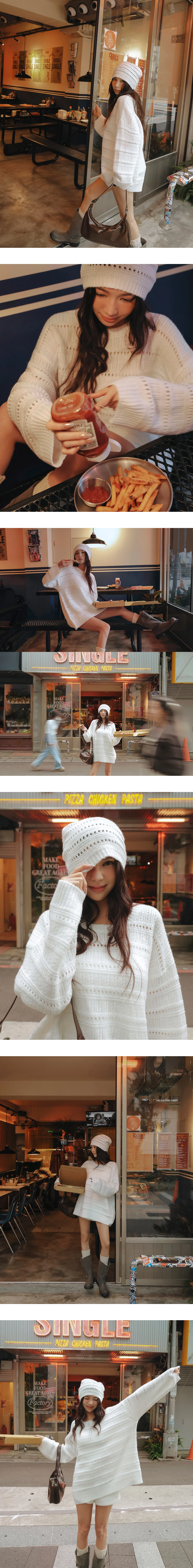 2 Way Open Knit Striped Oversized Long Sleeve Top (with Beanie) 2 Way Open Knit Striped Oversized Long Sleeve Top (with Beanie)