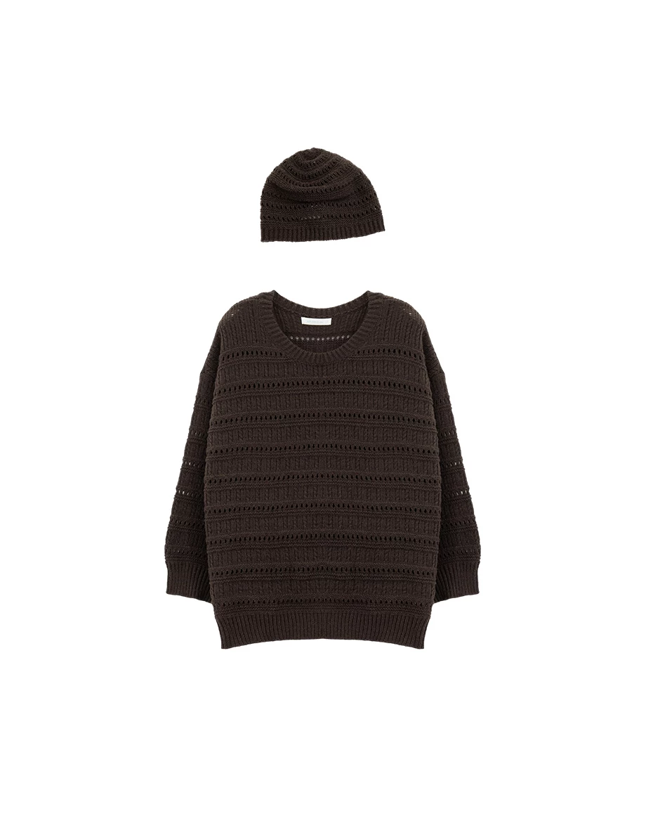 2 Way Open Knit Striped Oversized Long Sleeve Top (with Beanie) 2 Way Open Knit Striped Oversized Long Sleeve Top (with Beanie)