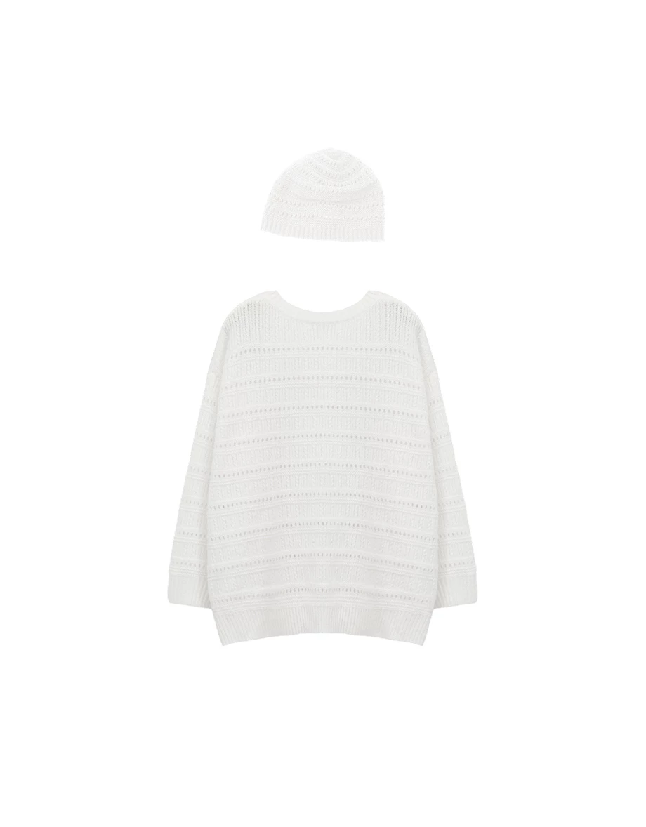2 Way Open Knit Striped Oversized Long Sleeve Top (with Beanie)