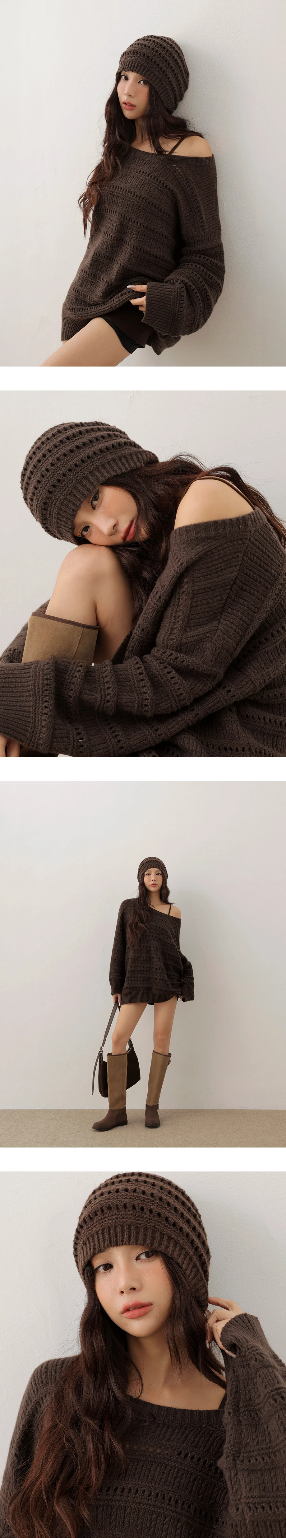 2 Way Open Knit Striped Oversized Long Sleeve Top (with Beanie) 2 Way Open Knit Striped Oversized Long Sleeve Top (with Beanie)