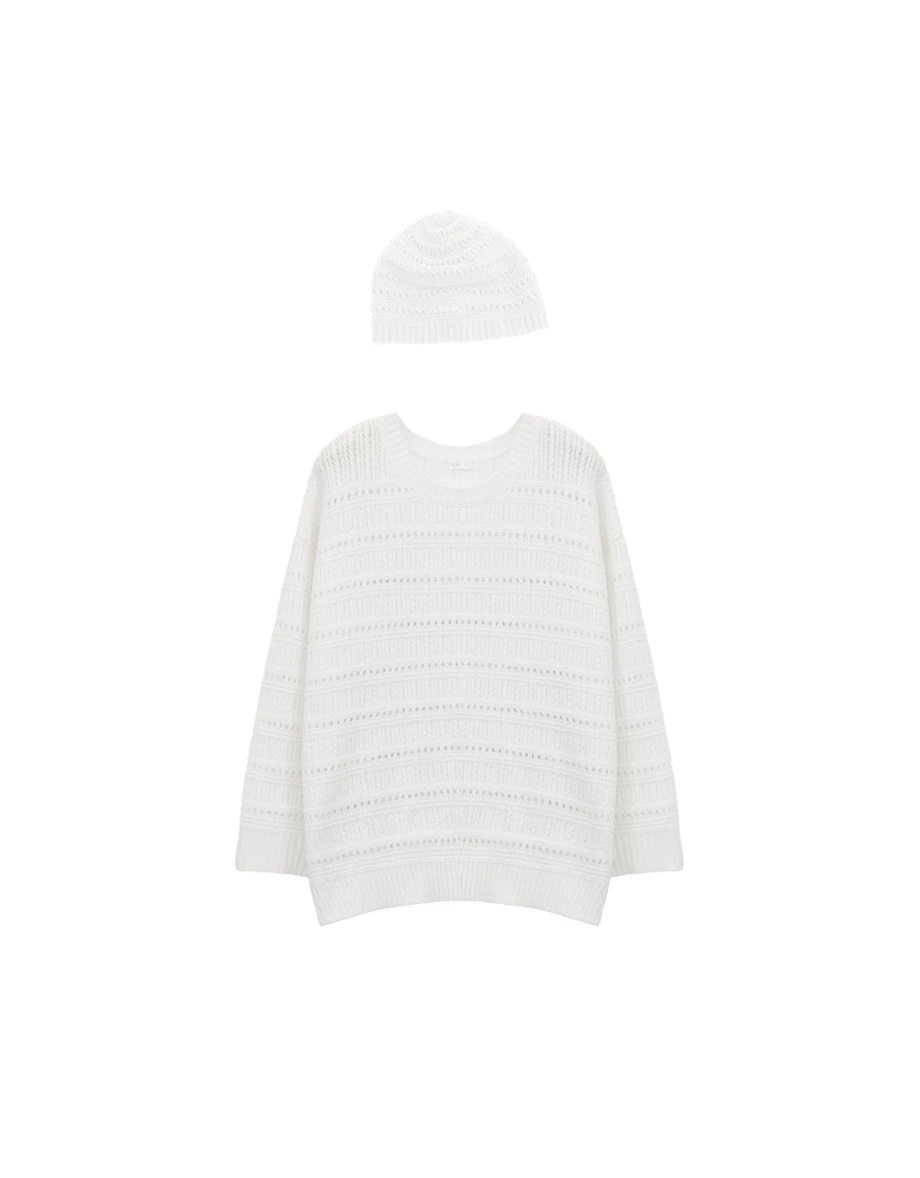 2 Way Open Knit Striped Oversized Long Sleeve Top (with Beanie)