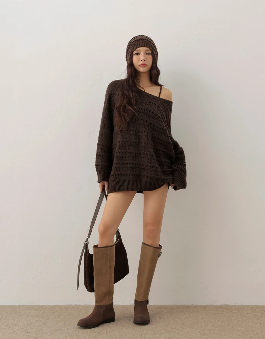 2 Way Open Knit Striped Oversized Long Sleeve Top (with Beanie)