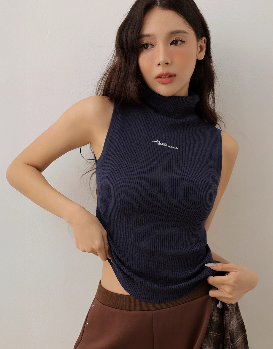 Mock Neck Lettering Embroidery Sleeveless Ribbed Knit Vest Top Mock Neck Lettering Embroidery Sleeveless Ribbed Knit Vest Top