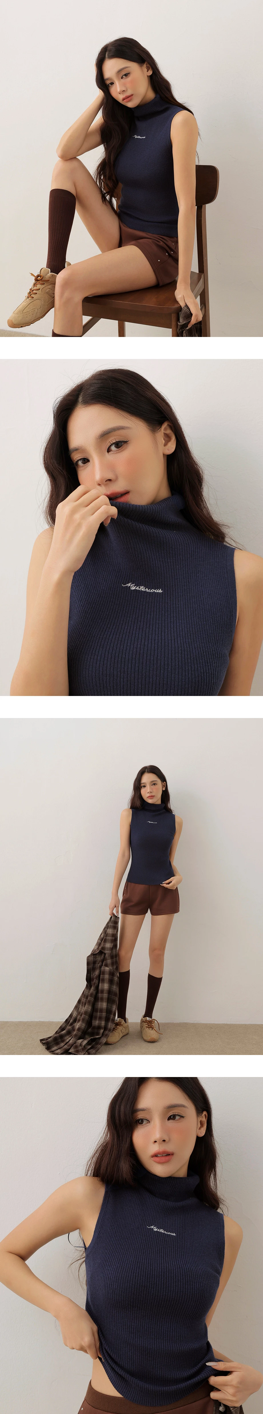 Mock Neck Lettering Embroidery Sleeveless Ribbed Knit Vest Top Mock Neck Lettering Embroidery Sleeveless Ribbed Knit Vest Top