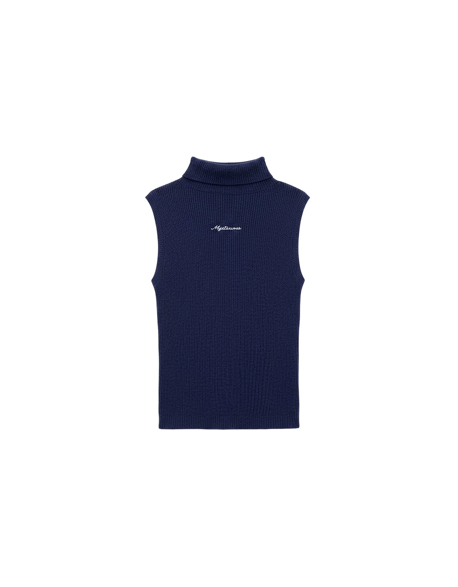 Mock Neck Lettering Embroidery Sleeveless Ribbed Knit Vest Top Mock Neck Lettering Embroidery Sleeveless Ribbed Knit Vest Top