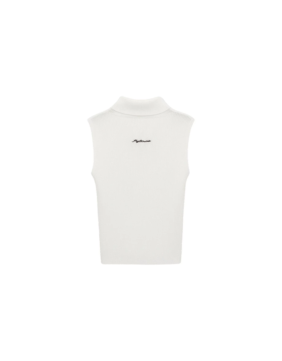 Mock Neck Lettering Embroidery Sleeveless Ribbed Knit Vest Top