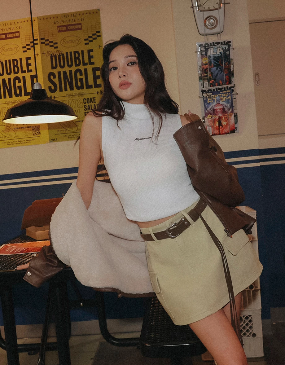 Mock Neck Lettering Embroidery Sleeveless Ribbed Knit Vest Top