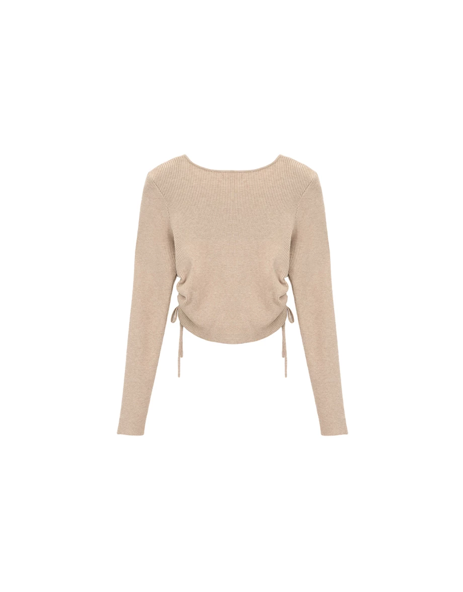Ribbed Knit Side Ruched Drawstring Cropped Long Sleeve Top