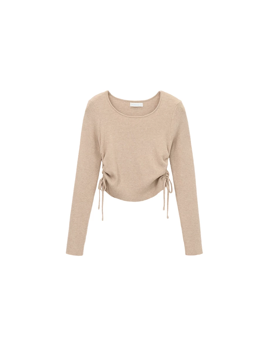 Ribbed Knit Side Ruched Drawstring Cropped Long Sleeve Top